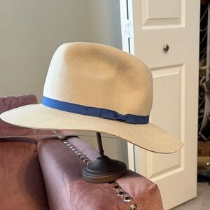 Cream Fedora Hat with Blue Bowed Band